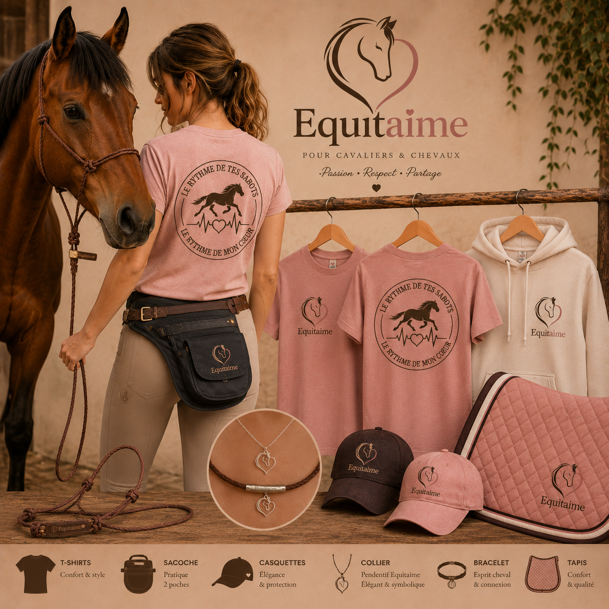Collection Equitaime : textiles, sacoches, casquettes et bijoux équestres